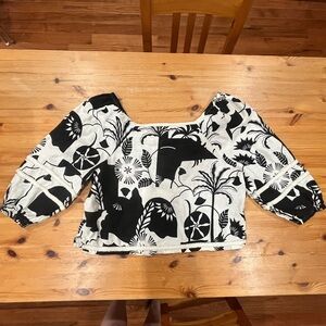 Nicole Miller New York Black and White Floral Top 100% Linen Size L